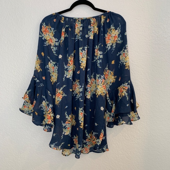 Chaps Peasant Blouse 2X Blue Floral Sheer Bell Sleeve Cottage Core Boho - Picture 9 of 11